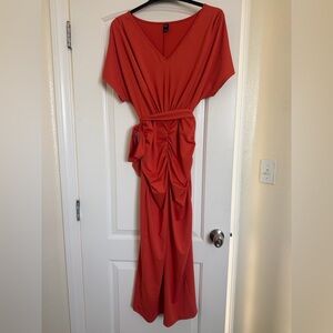 SHEIN Rust Orange V-Neck Ruched Maxi Dress with Self-Tie Waist